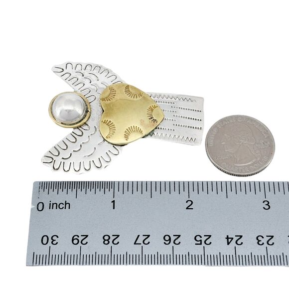 Vintage Sterling Silver 925 Two Tone Angel Heart Etched Wings Pin Brooch - Picture 7 of 7